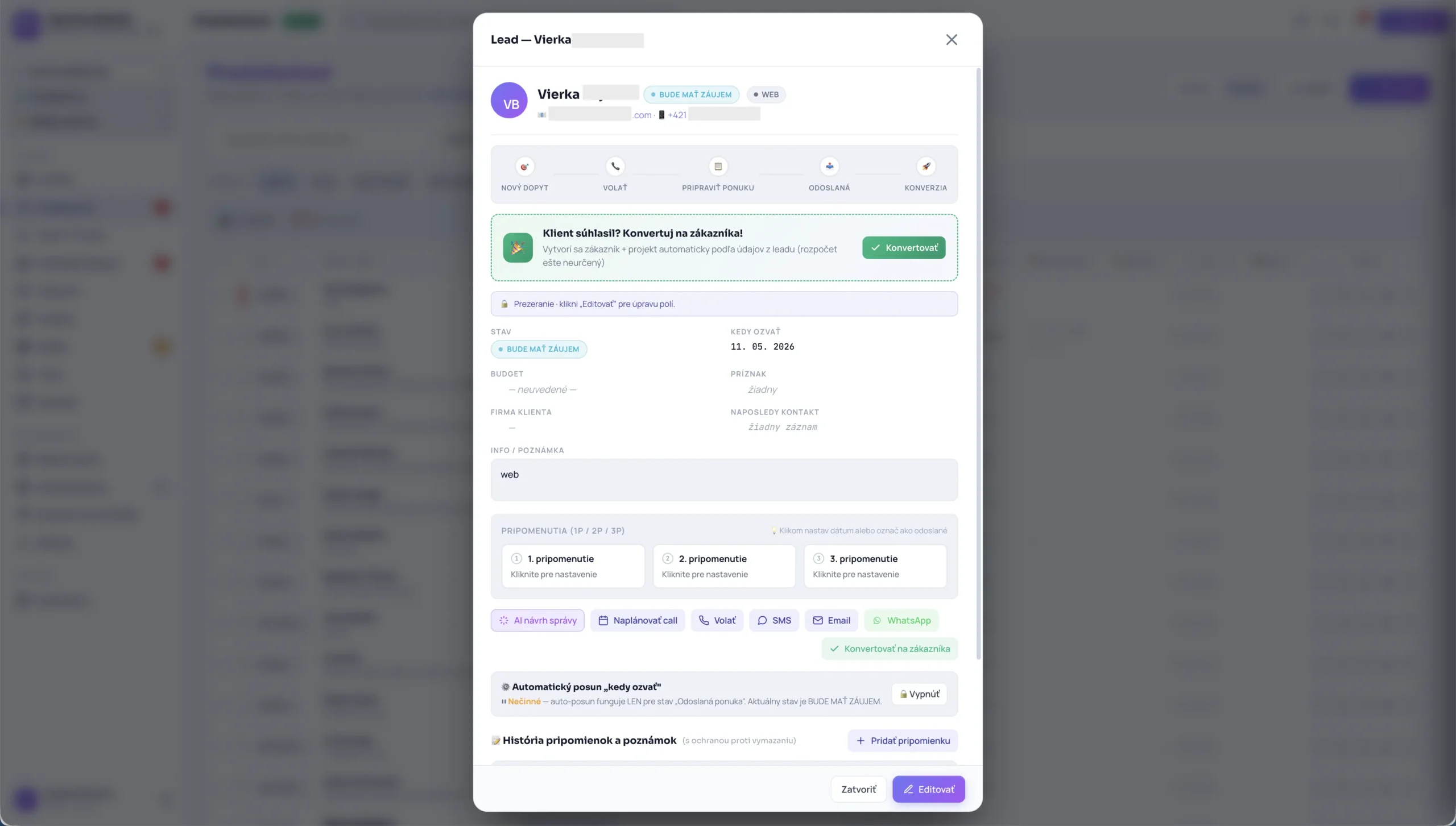 Detail leadu v CRM systému