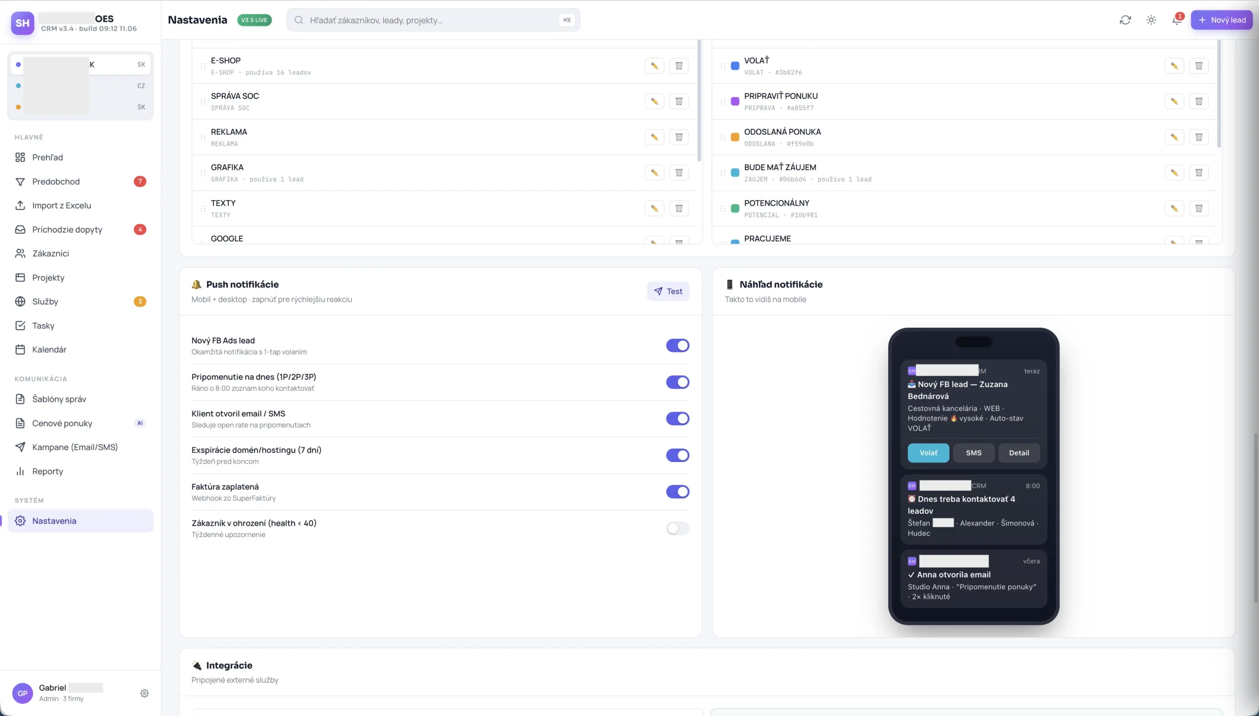 Nastavení notifikací a integrací v CRM systému