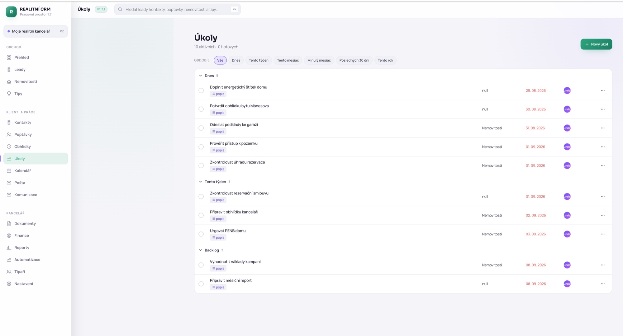 Přehled úkolů realitní kanceláře podle termínů