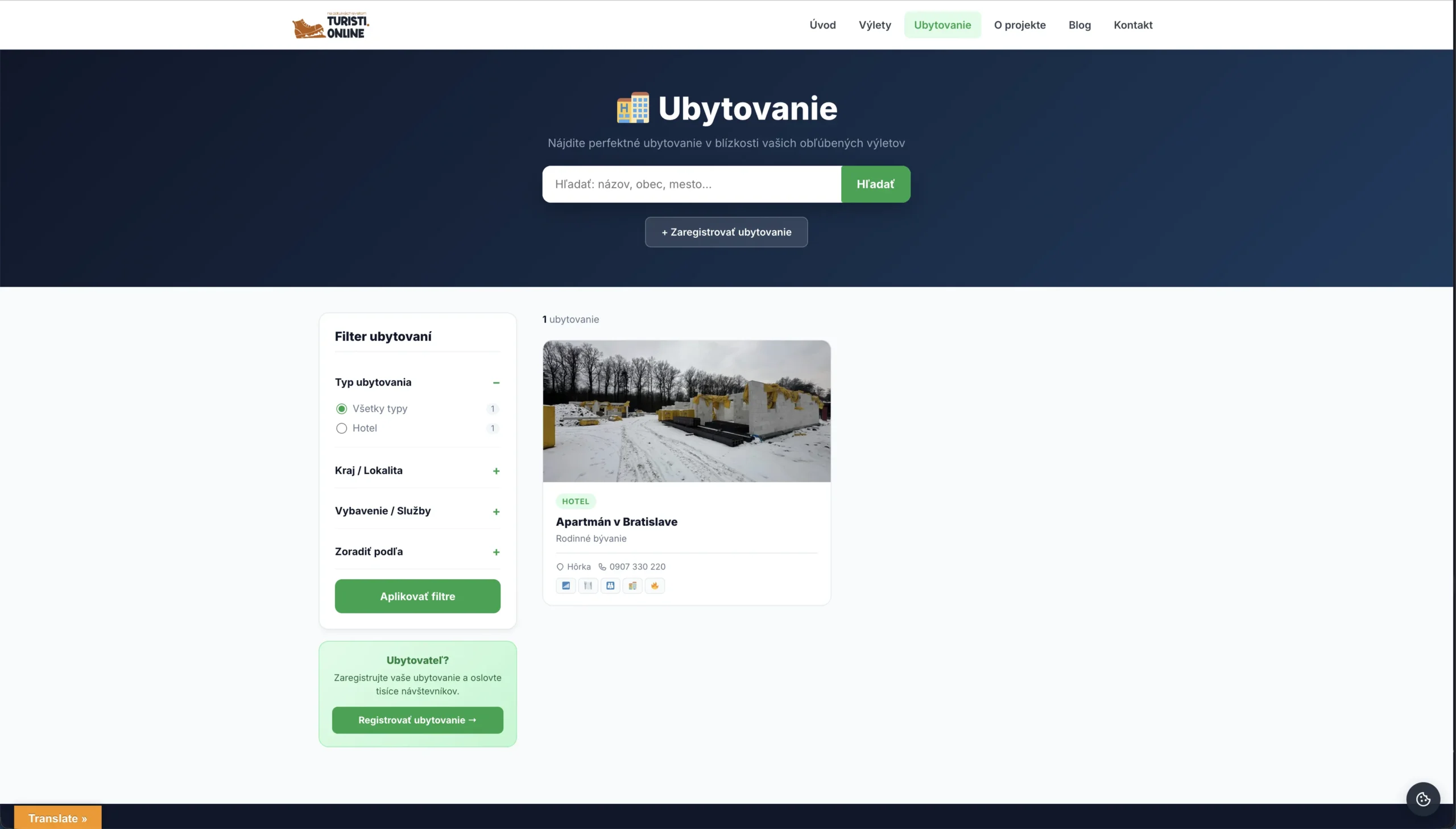 Sekce ubytování na Turisti.online